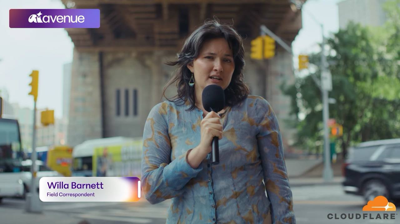 Willa Barnett reporting on the street as field correspondent for Cloudflare's AI Avenue
